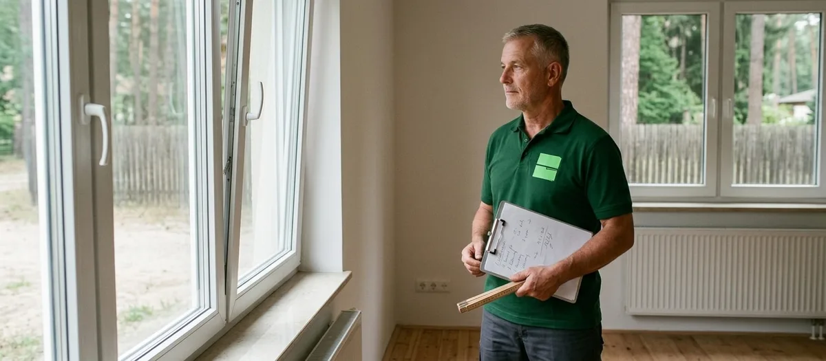 Umzugshelfer nimmt in einem leeren Zimmer mit Klemmbrett und Zollstock Maß