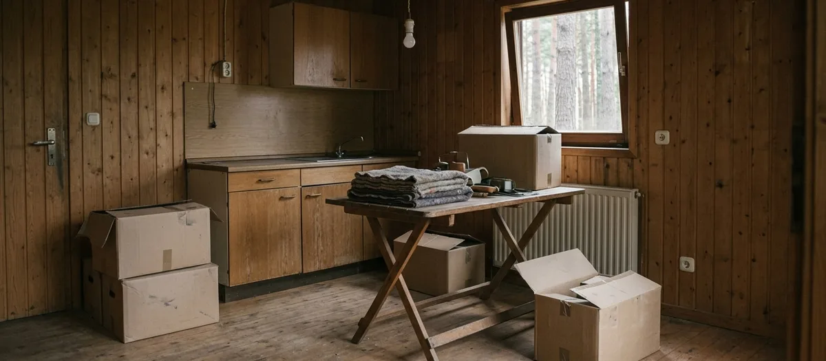Innenraum eines kleinen Wochenendhauses beim Ausräumen, halb gepackte Kartons
