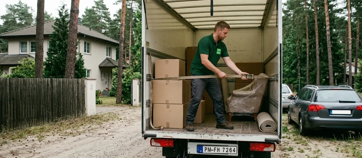 Ein in Decken eingeschlagenes Sideboard wird über die Ladebordwand eines Umzugswagens nach oben gefahren.