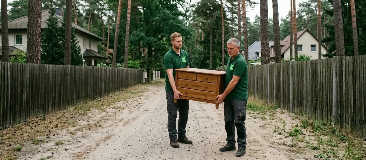 Zwei Umzugshelfer tragen eine Kommode über einen Sandweg zwischen Kiefern zur Straße