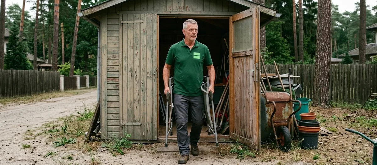 Geöffnete Kellertür mit Blick auf leergeräumte Regale, davor stapeln sich getrennt sortierte Kisten und ein Bündel Metallteile