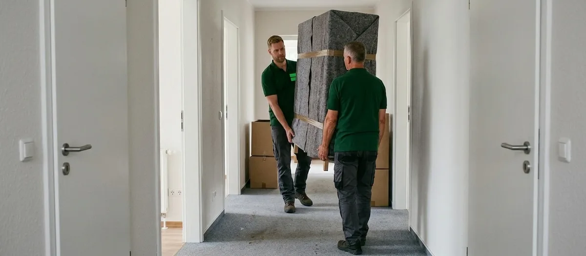 Zwei Umzugshelfer tragen einen in Decken gewickelten Schrank durch einen Flur