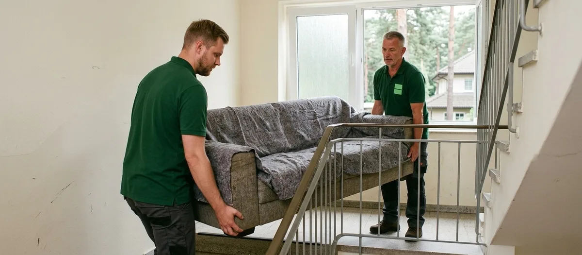 Zwei Umzugshelfer tragen ein eingewickeltes Sofa ein Treppenhaus hinauf