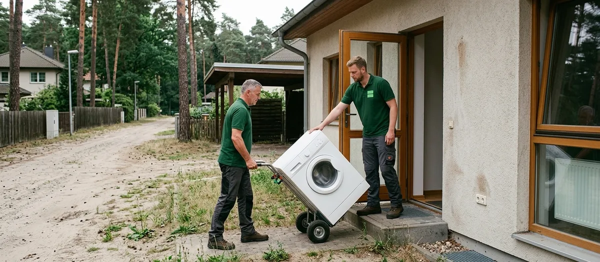 Zwei Umzugshelfer bewegen eine Waschmaschine auf der Sackkarre durch eine Haustür