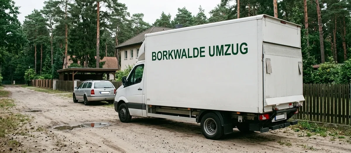 Weißer Umzugswagen steht auf einem sandigen Weg zwischen hohen Kiefern