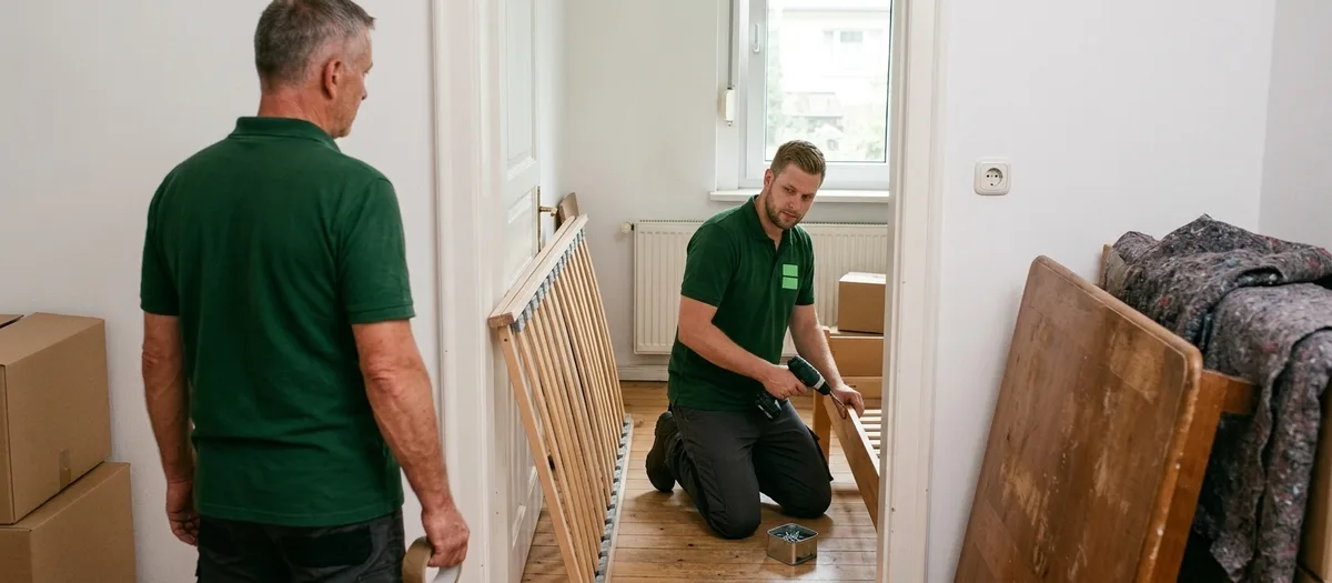 Zwei Umzugshelfer zerlegen ein Holzbettgestell, der Lattenrost lehnt an der Wand