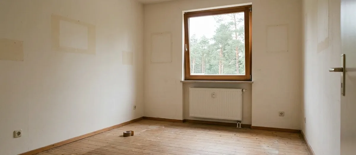 Ein aufgeklappter Aktenordner und ein Stapel Briefe auf einem alten Küchentisch, daneben ein Schlüsselbund und ein leerer Umzugskarton